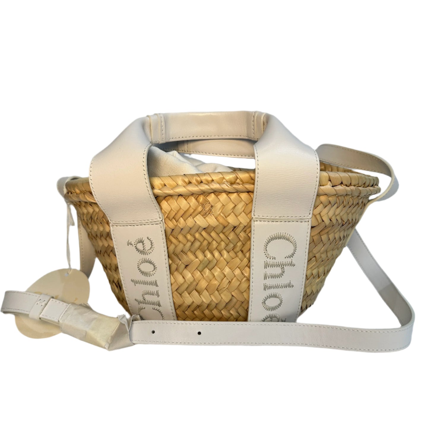 Sense basket tote raffia white leather