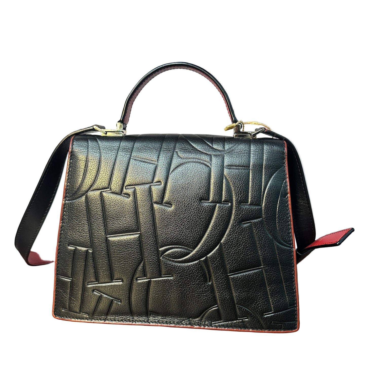 Black Embossed leather top handle con 2 straps