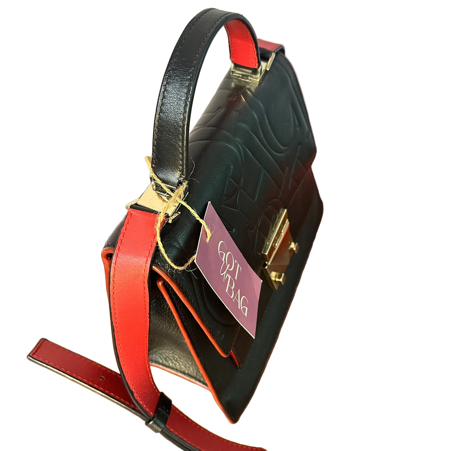 Black Embossed leather top handle con 2 straps