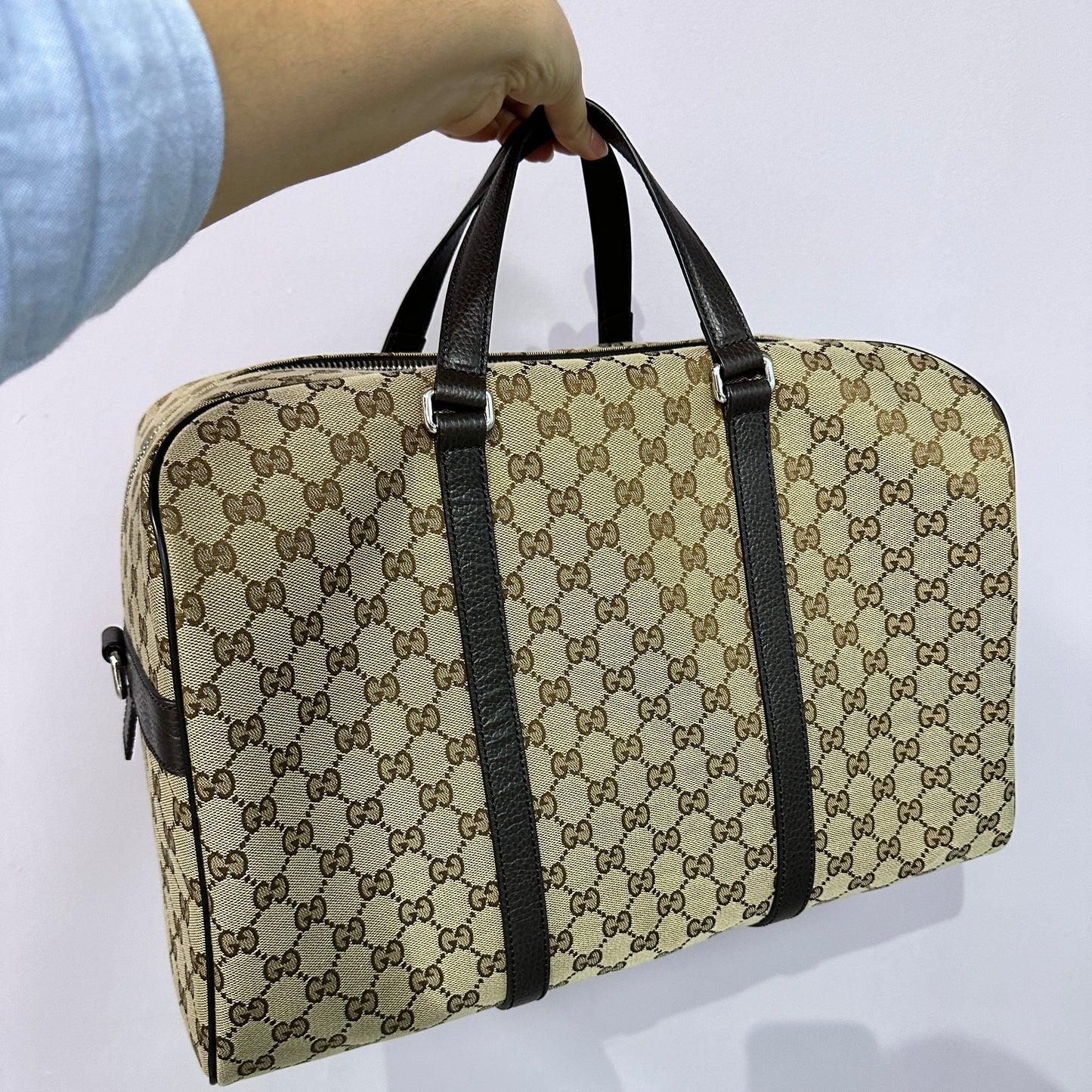 GG canvas brown leather carry on Duffle bag