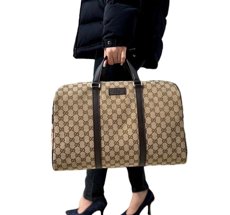 GG canvas brown leather carry on Duffle bag