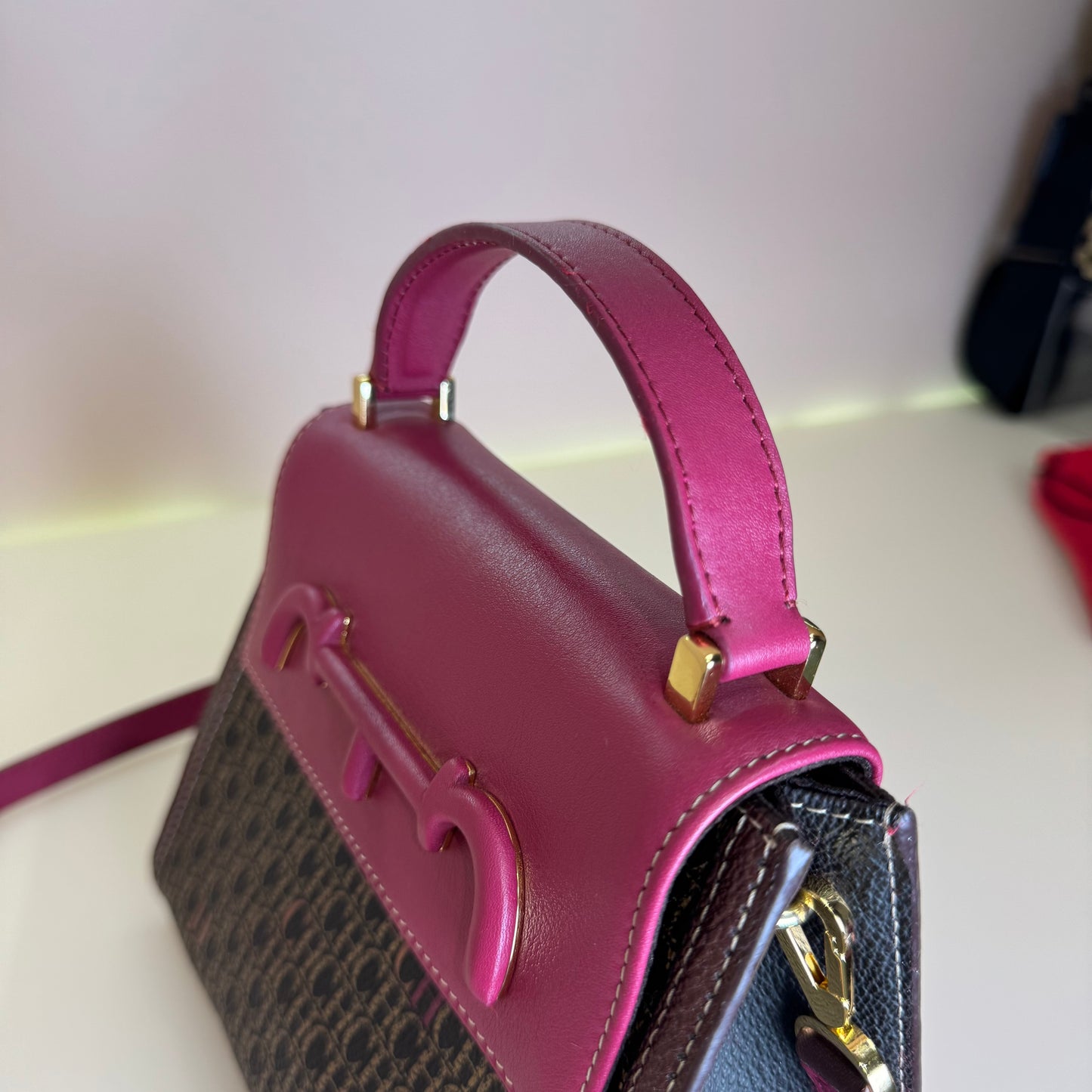 Doma insignia satchel burgundy leather and brown canvas small