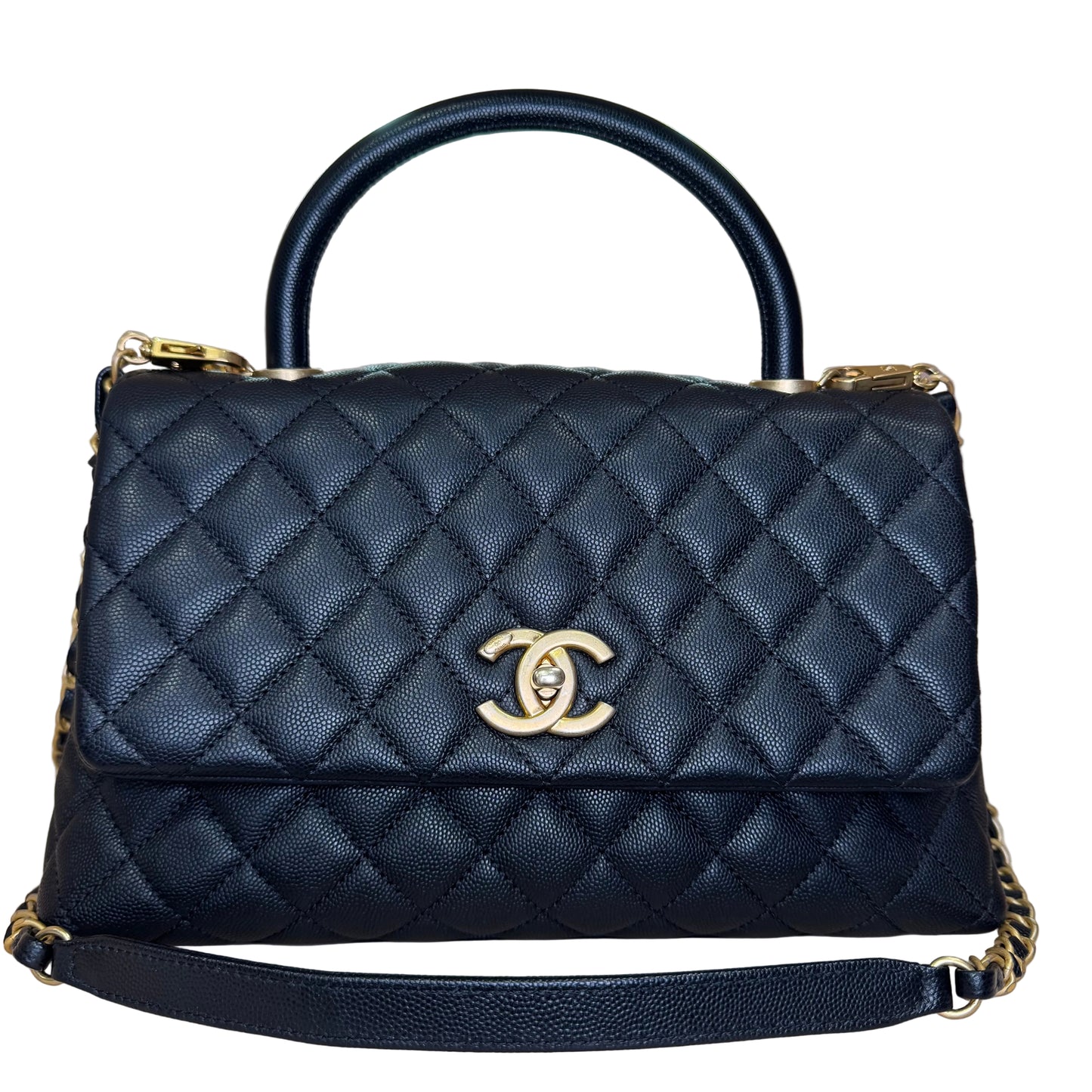 Black flap bag with top handle with crossbody strap calfskin and gold hardware Medium