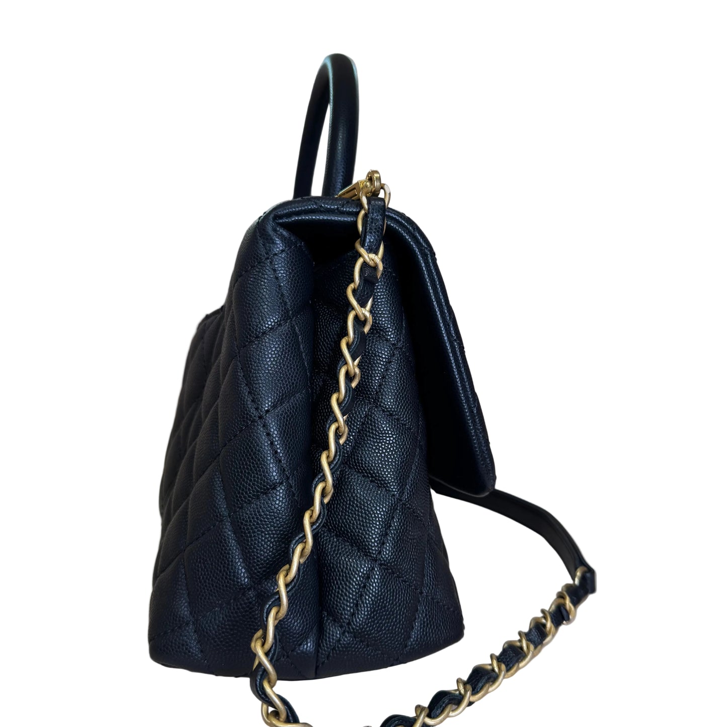 Black flap bag with top handle with crossbody strap calfskin and gold hardware Medium