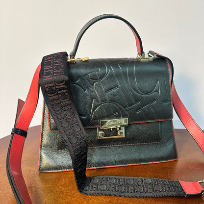 Black Embossed leather top handle con 2 straps