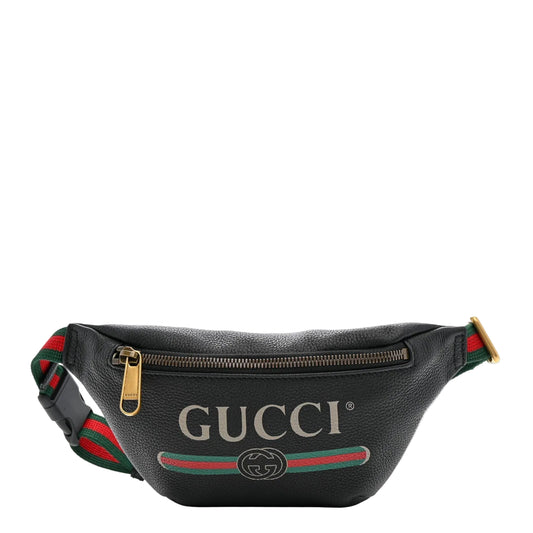 Black leather belt bag printed logo