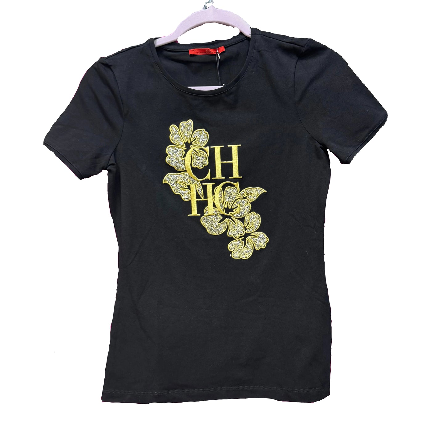 Black t shirt women CHHC gold flower with rhinestones
