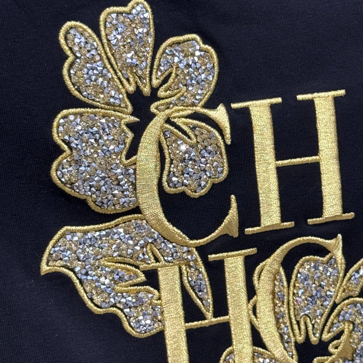 Black t shirt women CHHC gold flower with rhinestones