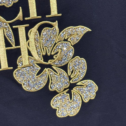Black t shirt women CHHC gold flower with rhinestones