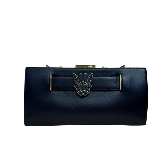 Black Leather Panthere de Cartier Chain Clutch