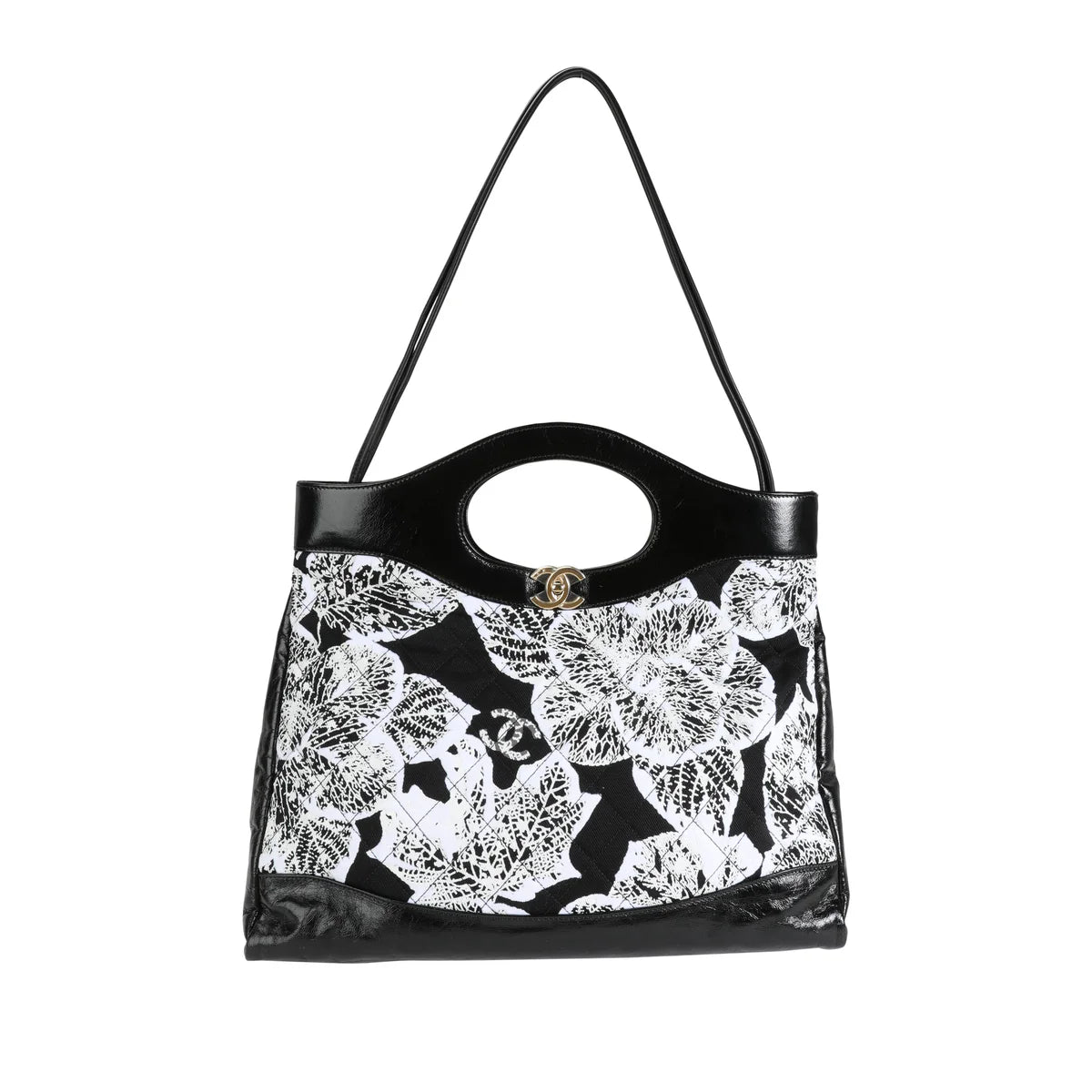 Black & White FLoral Canvas and Calskin Large 31 bag