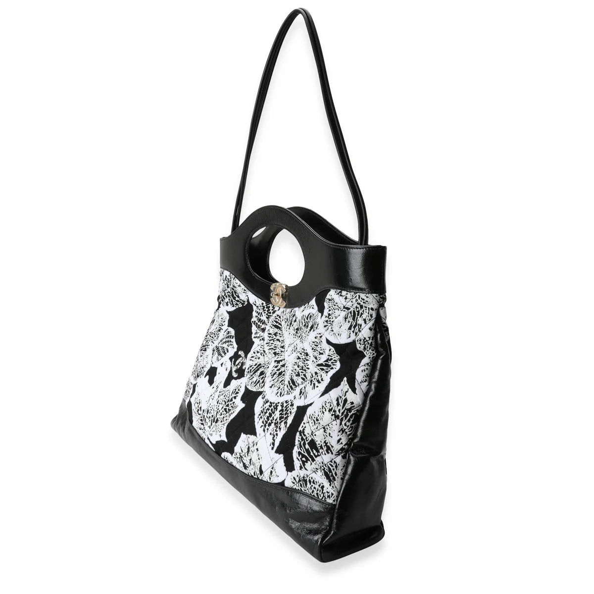 Black & White FLoral Canvas and Calskin Large 31 bag