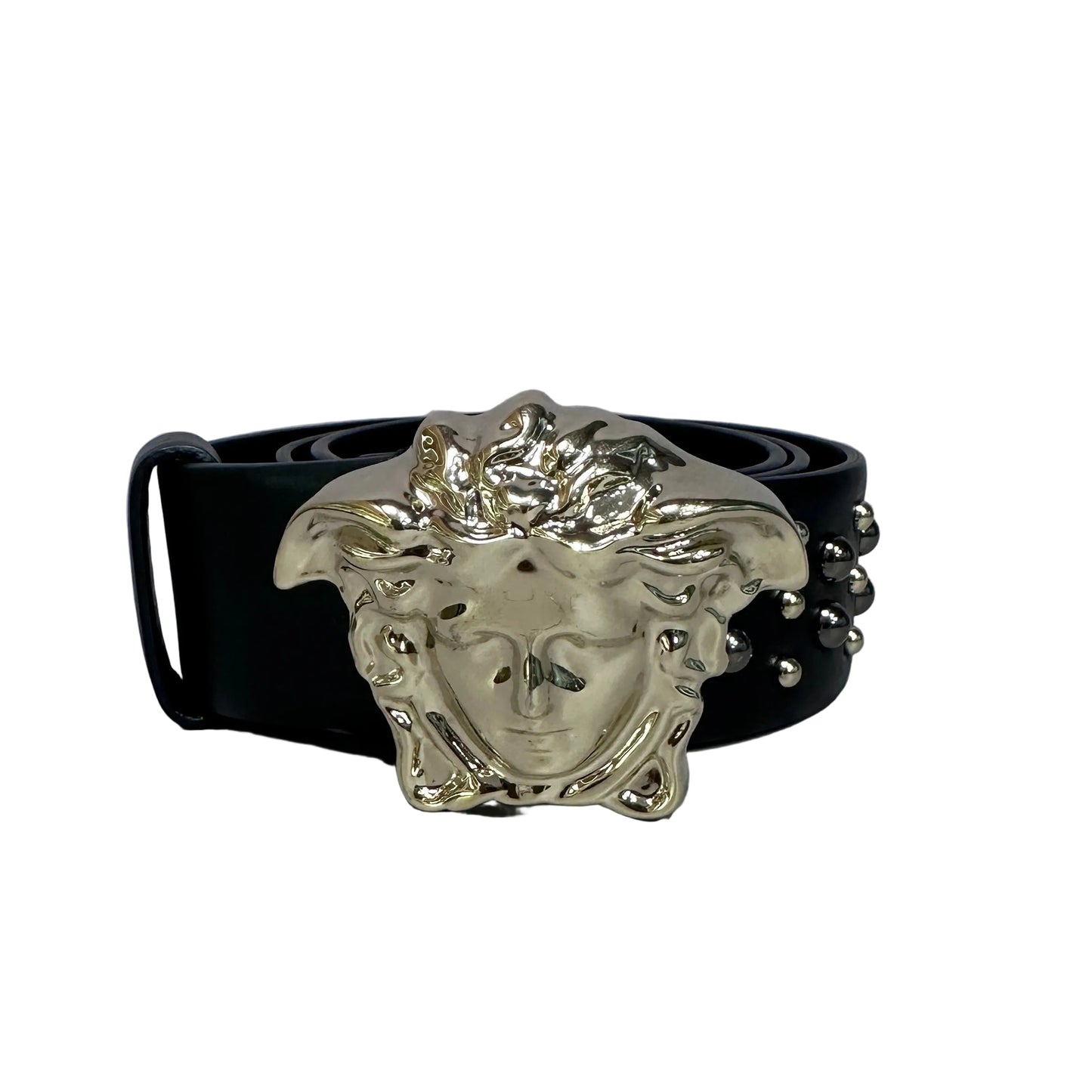Silver medusa black leather belt with studs Talla 80