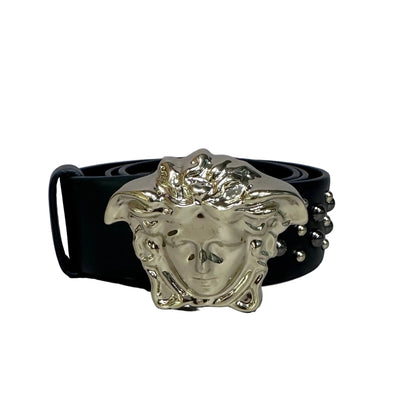 Silver medusa black leather belt with studs Talla 80