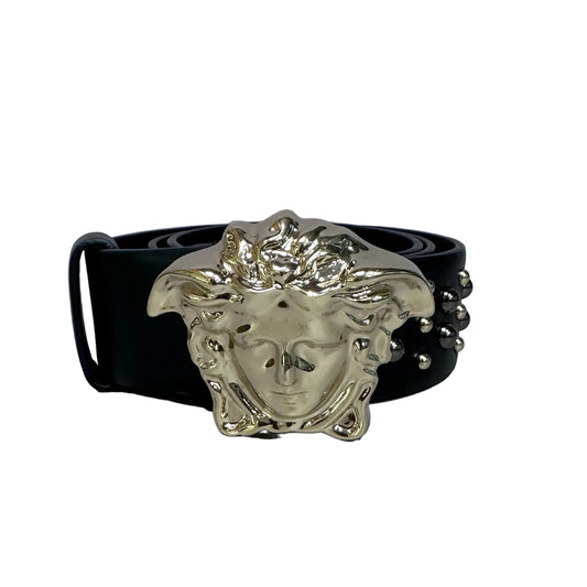 Silver medusa black leather belt with studs Talla 80