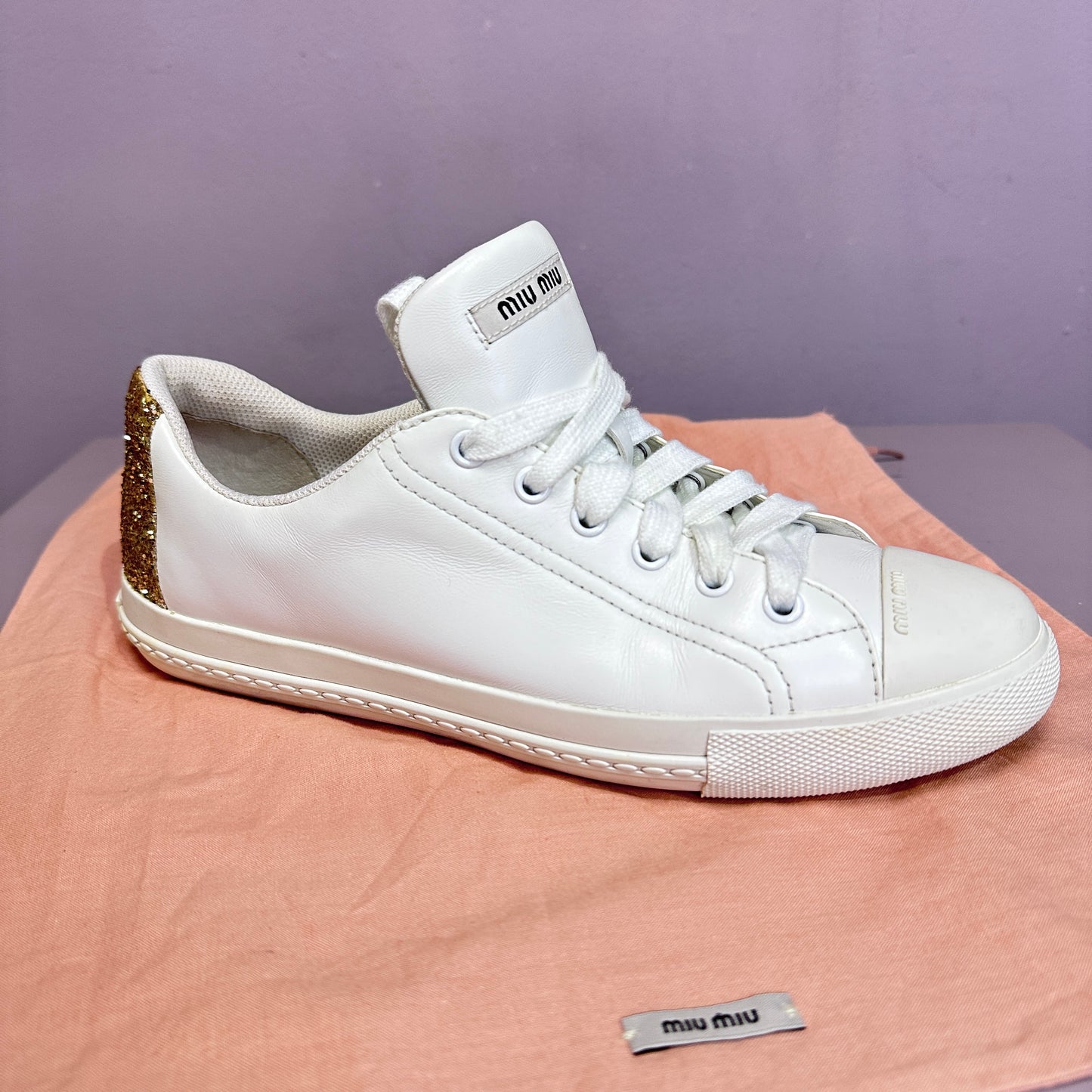 Miu Miu white sneakers wih gold glitter 38