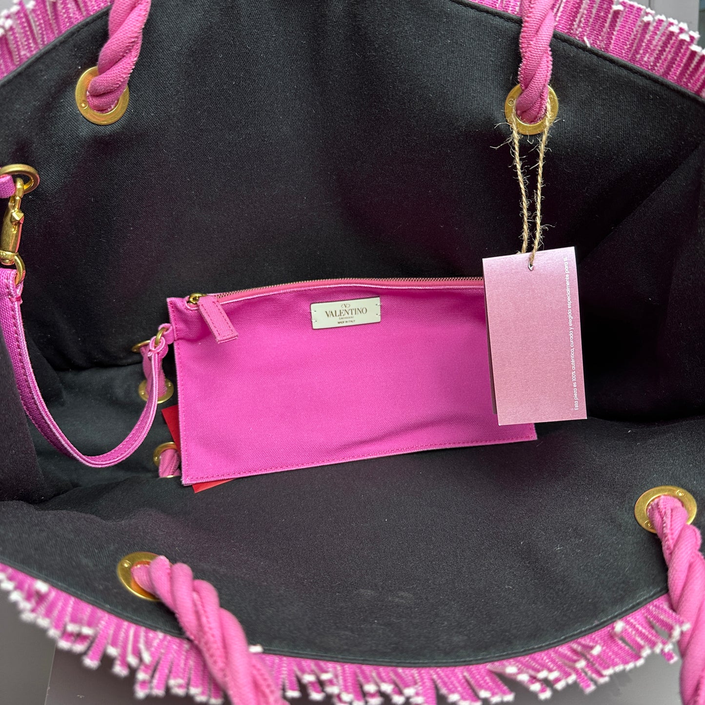 Fringed Printed Canvas Tote PINK