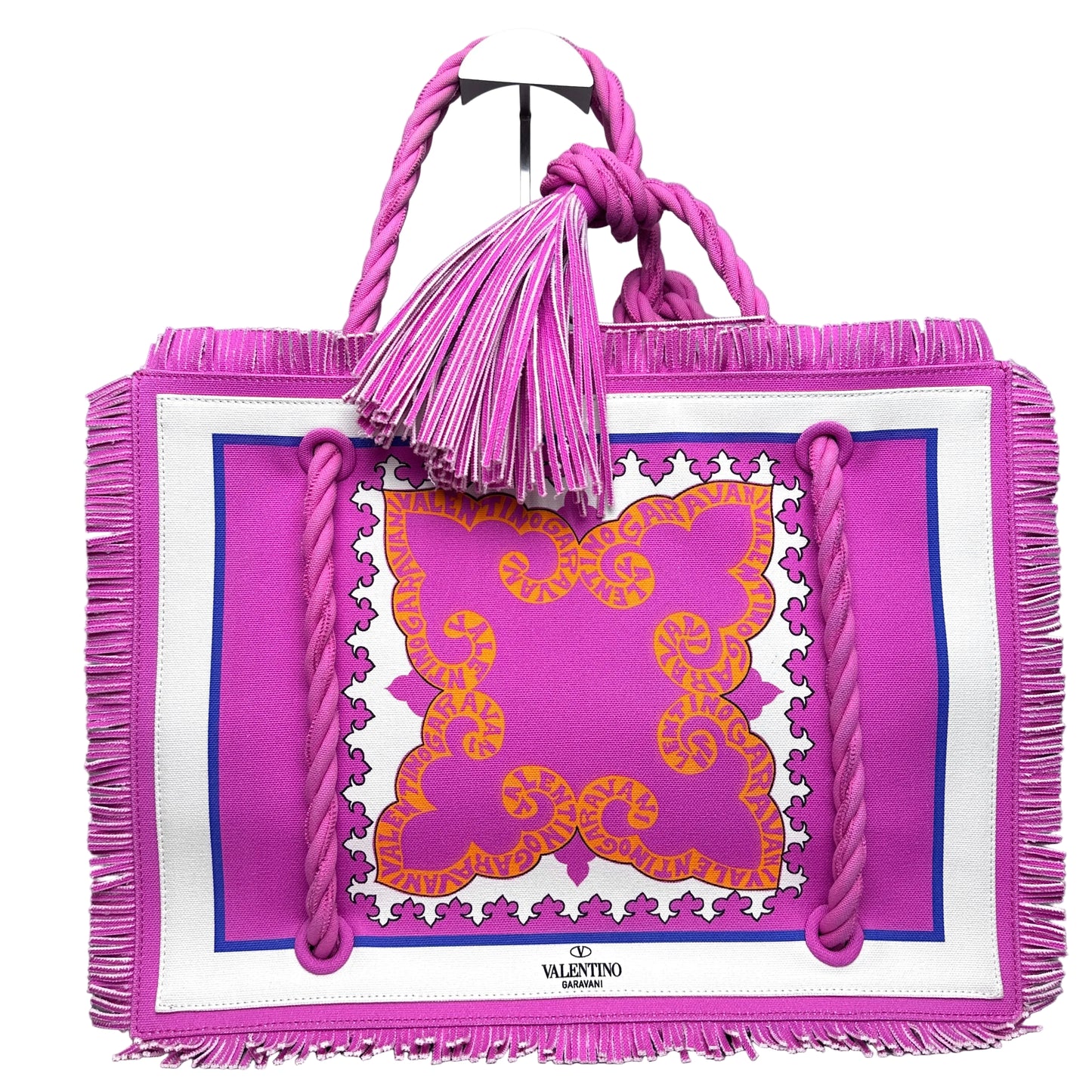 Fringed Printed Canvas Tote PINK