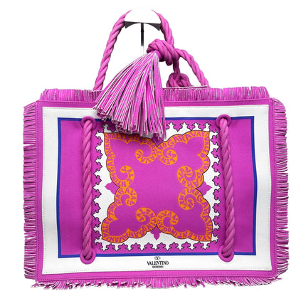 Fringed Printed Canvas Tote PINK