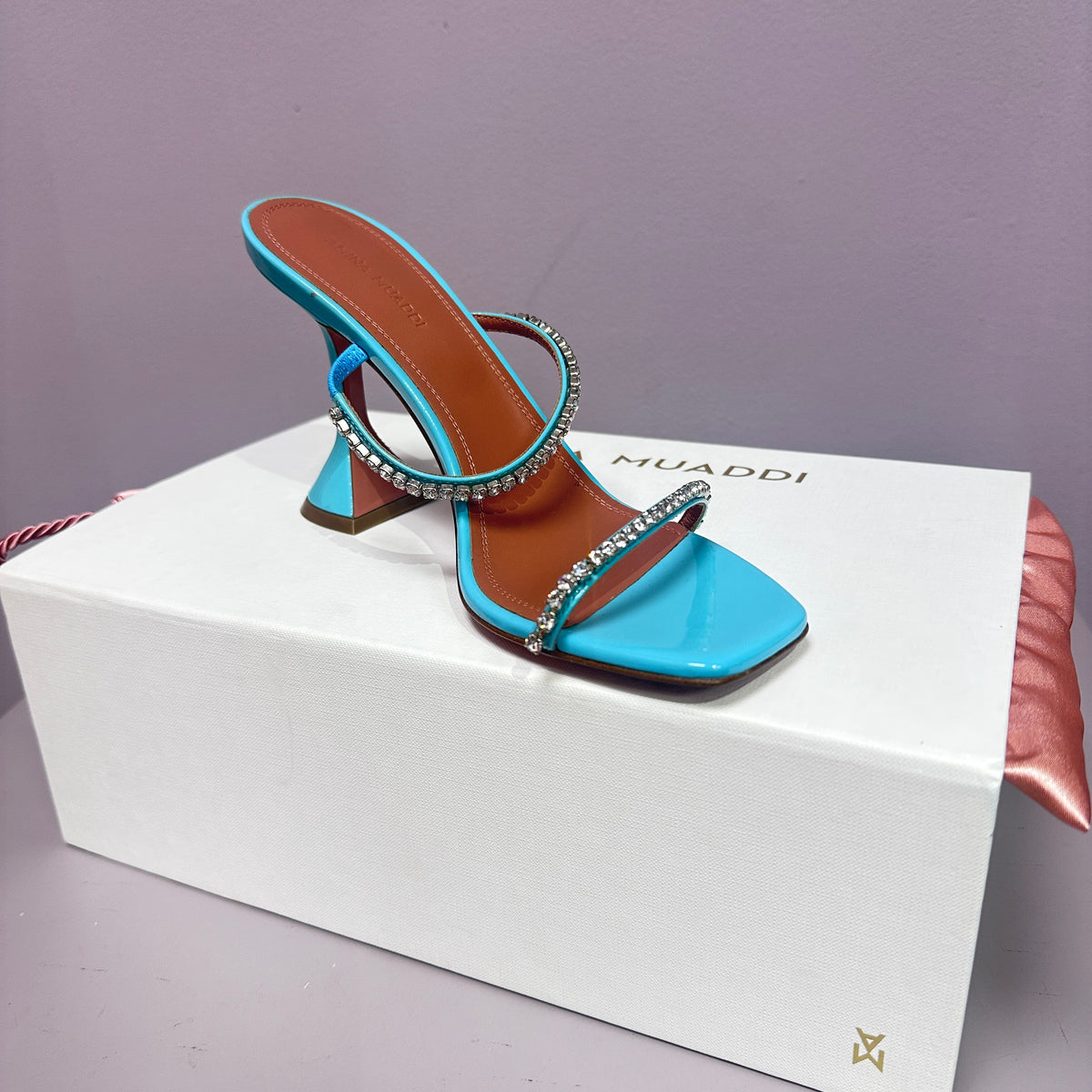 Amina Muaddi Teal heels with rainstones 71/2