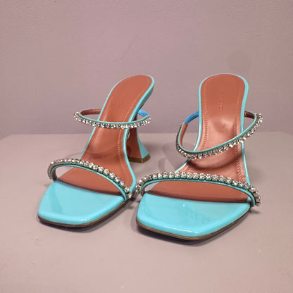 Amina Muaddi Teal heels with rainstones 71/2