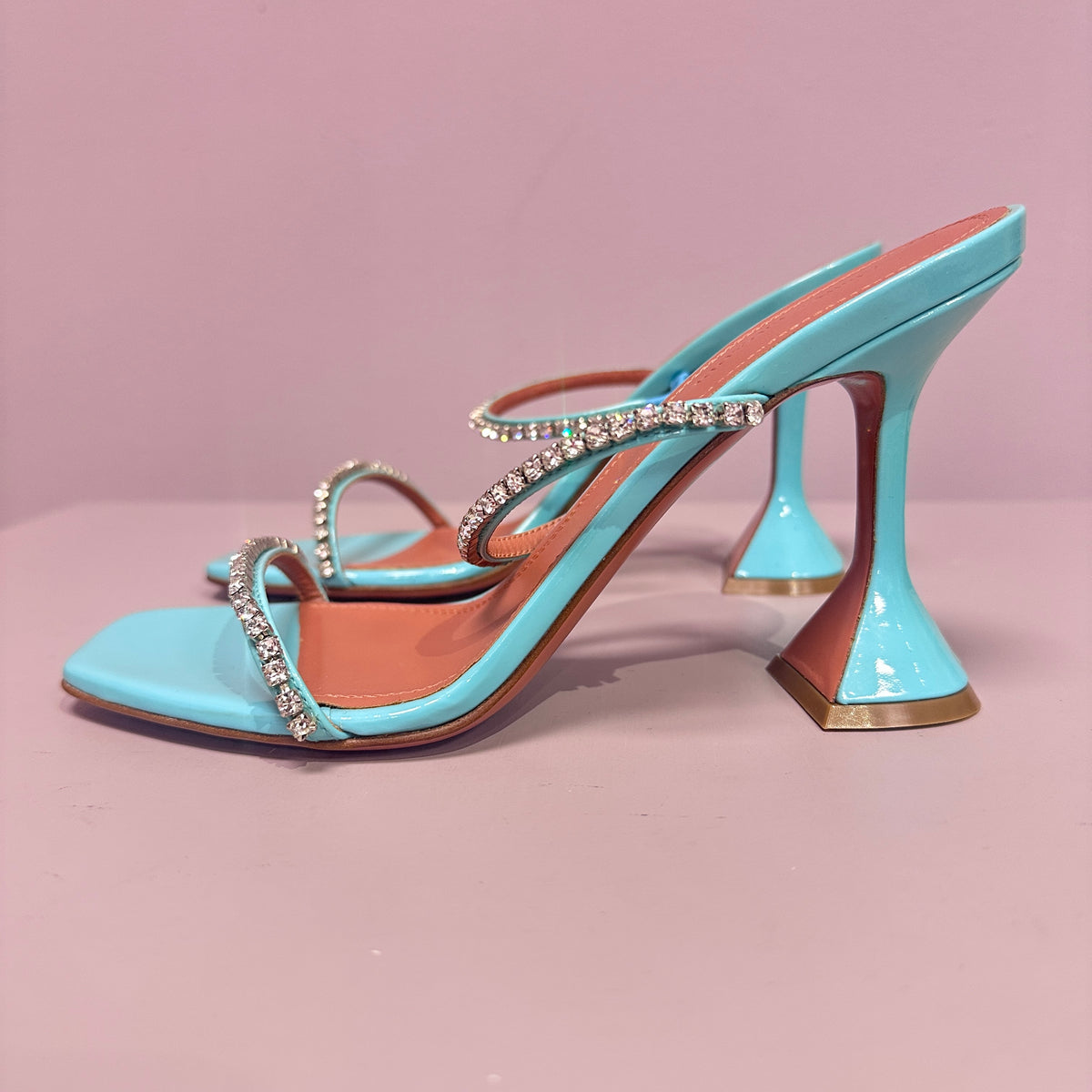 Amina Muaddi Teal heels with rainstones 71/2