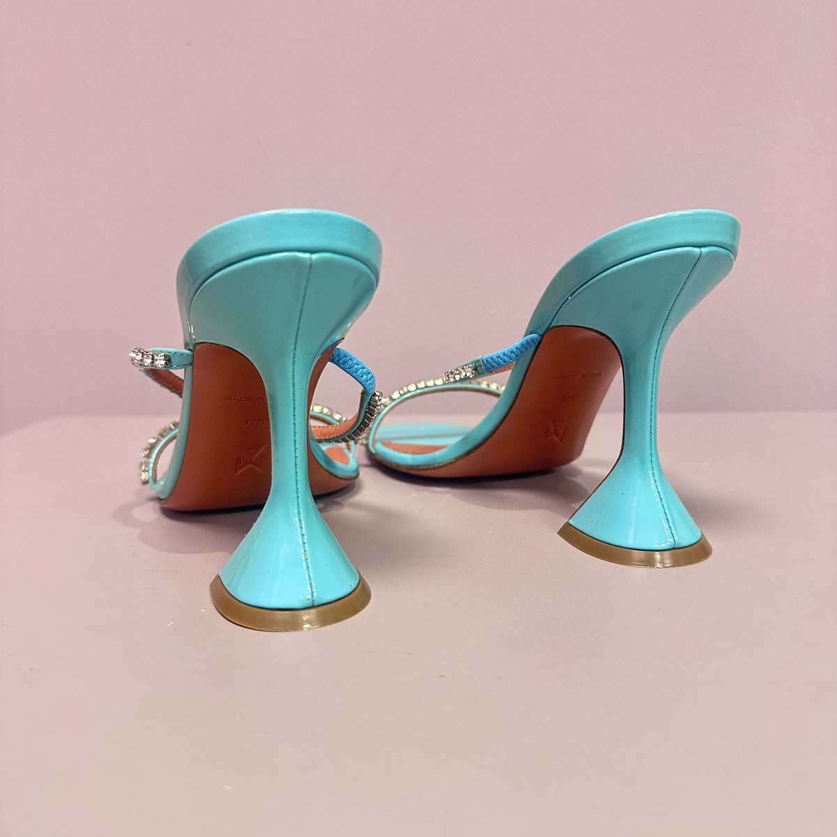 Amina Muaddi Teal heels with rainstones 71/2