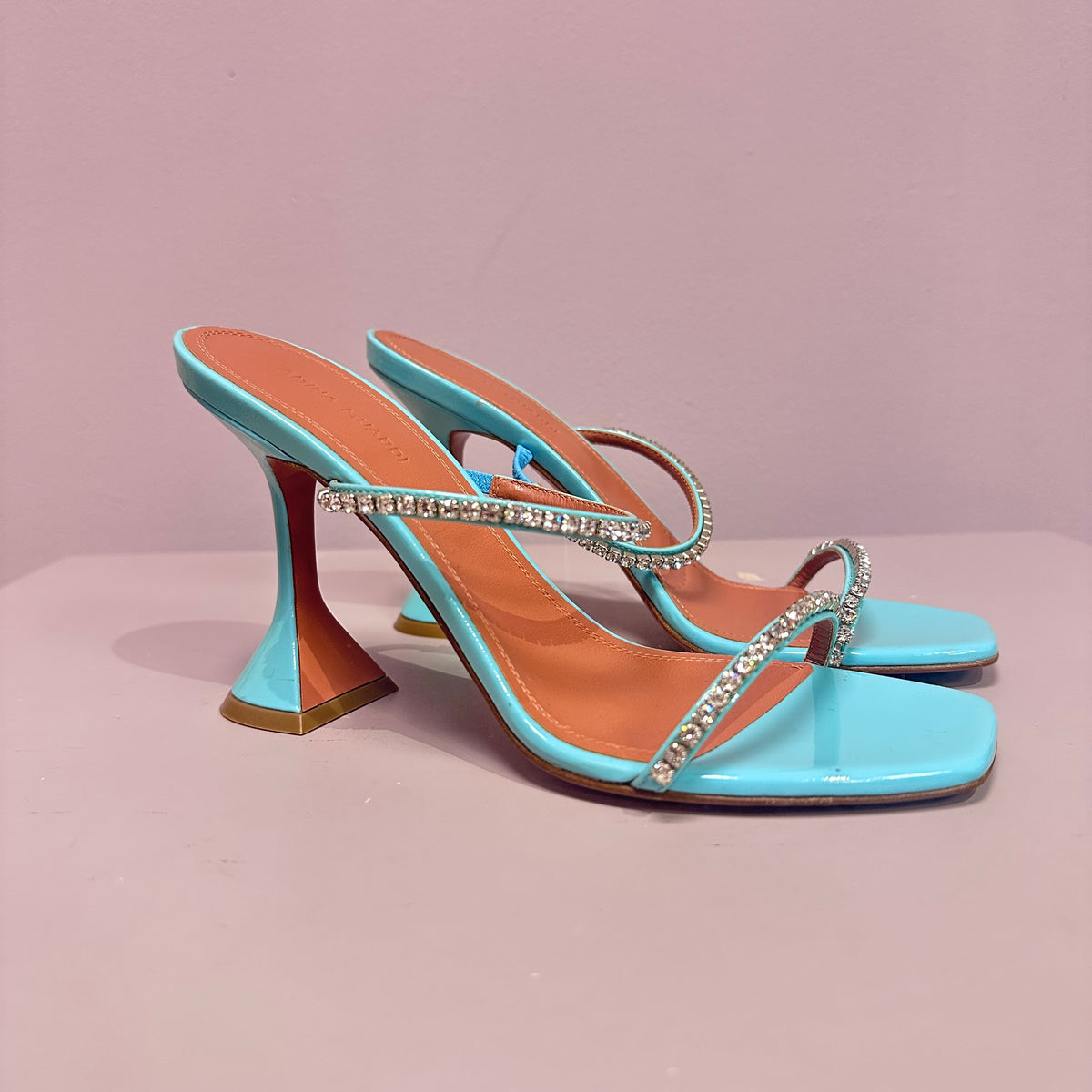 Amina Muaddi Teal heels with rainstones 71/2
