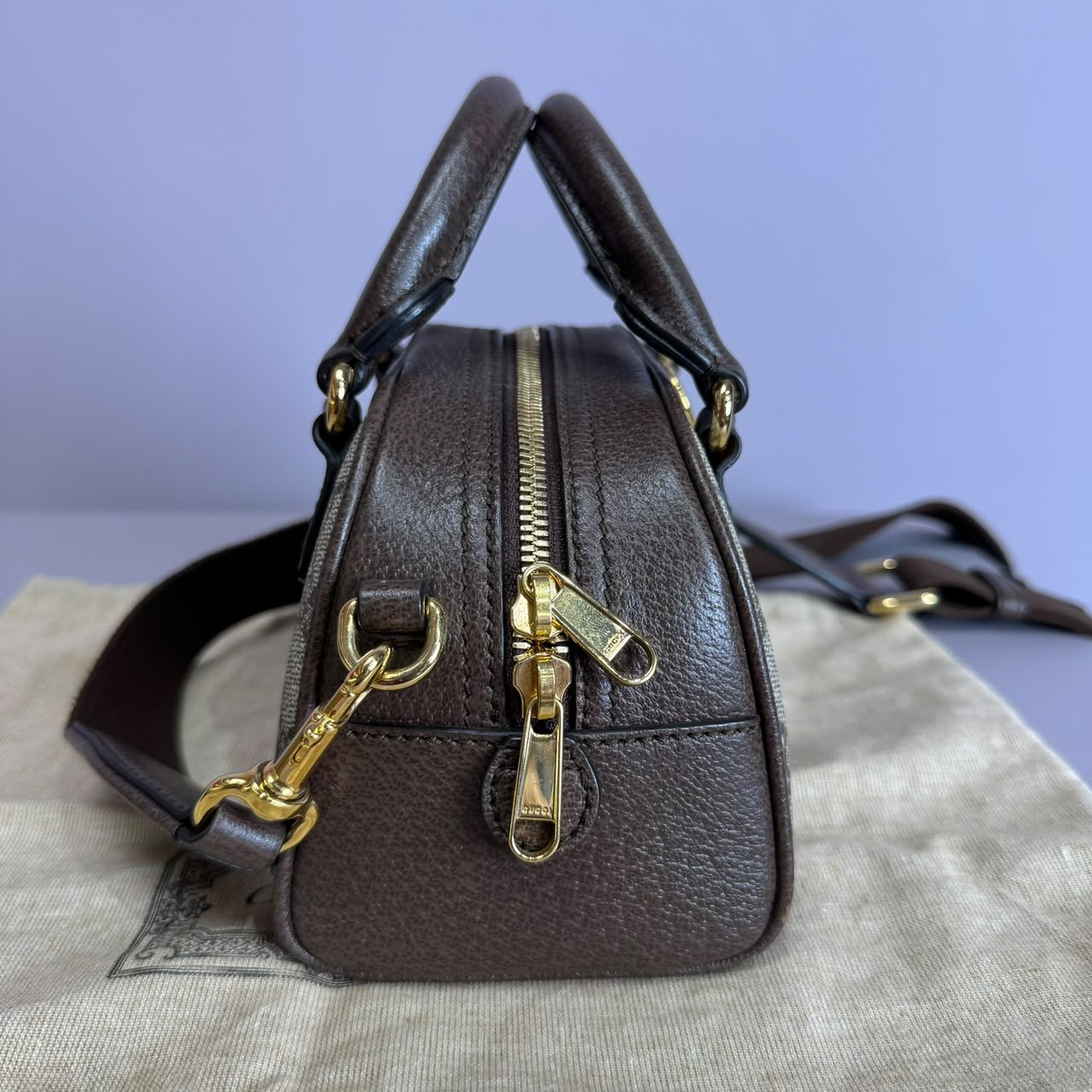 Ophidia small boston bag in beige and brown GG fabric