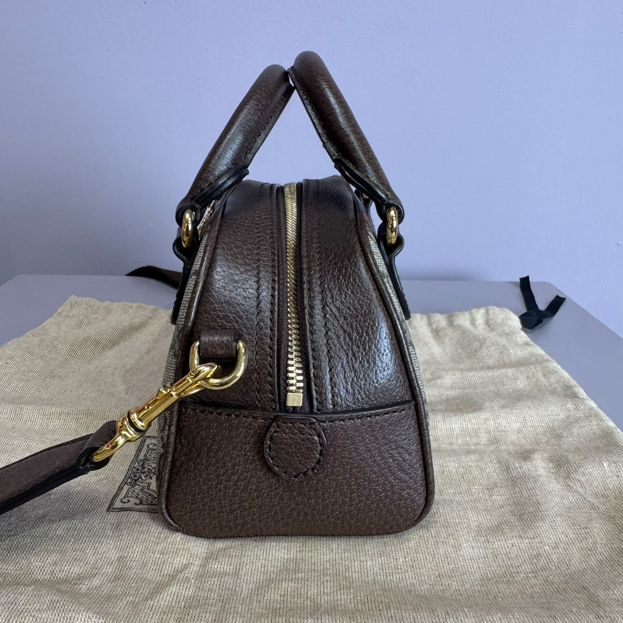 Ophidia small boston bag in beige and brown GG fabric