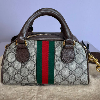 Ophidia small boston bag in beige and brown GG fabric
