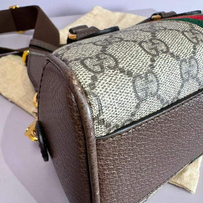 Ophidia small boston bag in beige and brown GG fabric