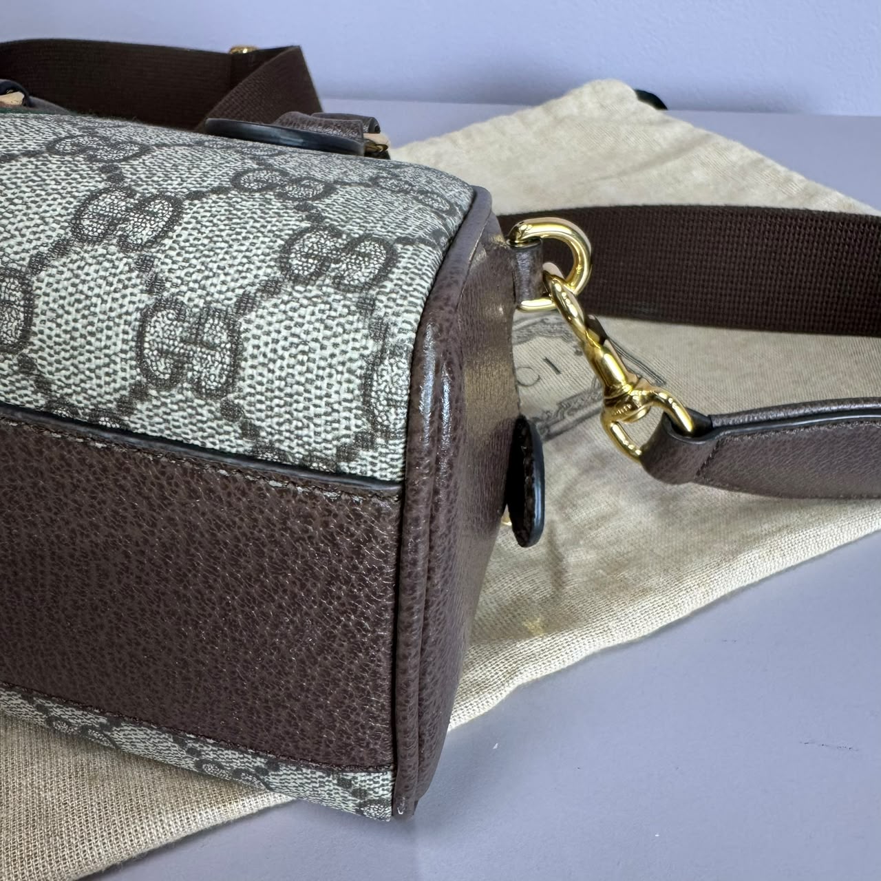 Ophidia small boston bag in beige and brown GG fabric