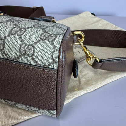 Ophidia small boston bag in beige and brown GG fabric
