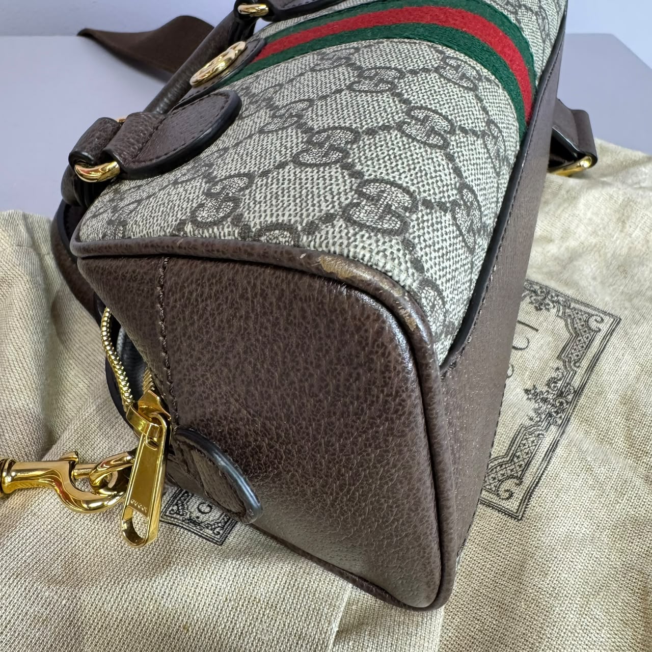 Ophidia small boston bag in beige and brown GG fabric