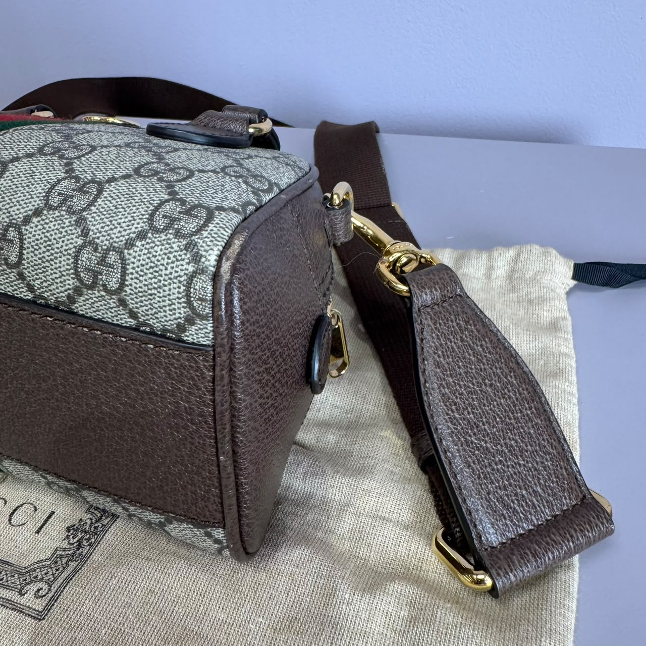 Ophidia small boston bag in beige and brown GG fabric