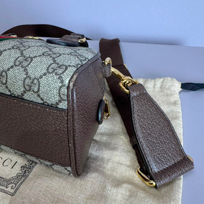 Ophidia small boston bag in beige and brown GG fabric