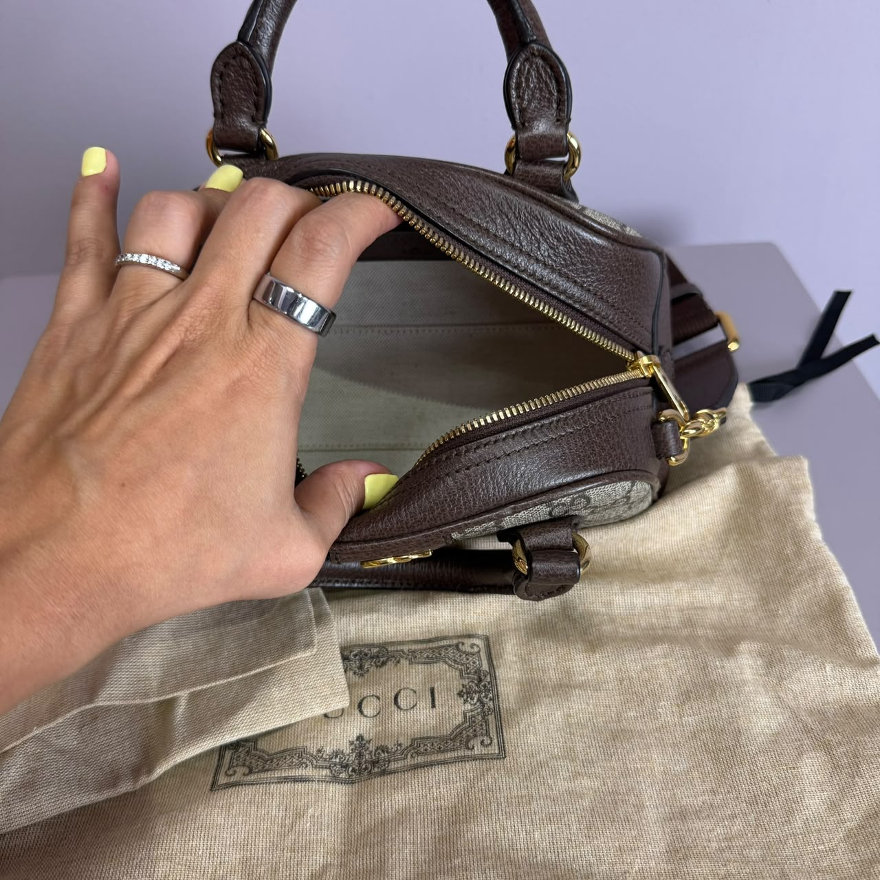 Ophidia small boston bag in beige and brown GG fabric