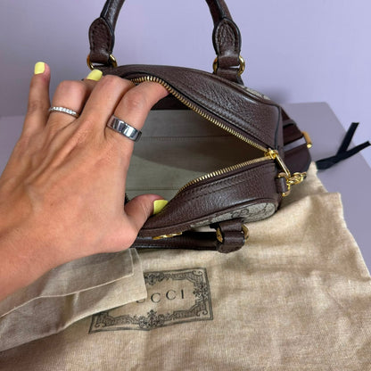 Ophidia small boston bag in beige and brown GG fabric