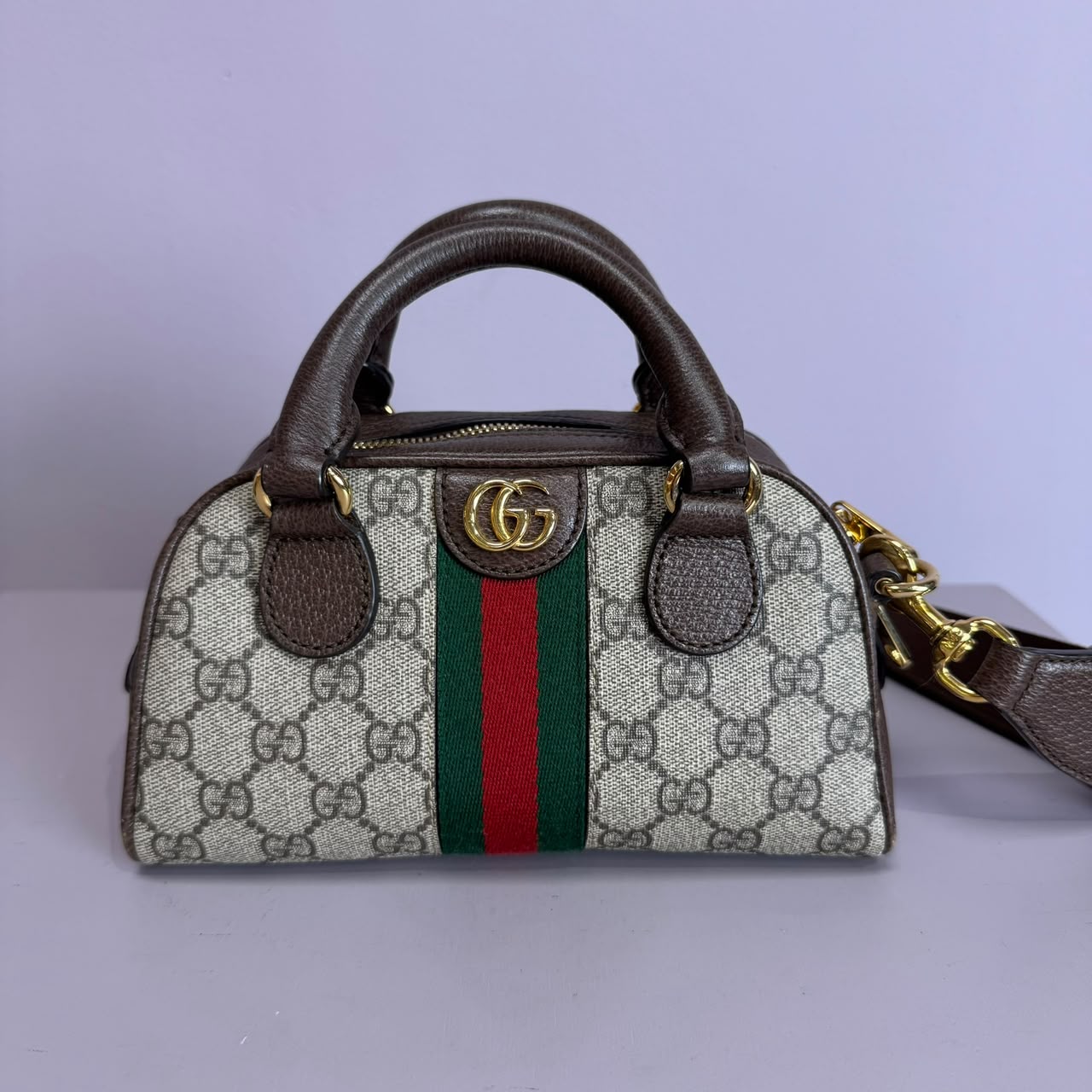 Ophidia small boston bag in beige and brown GG fabric