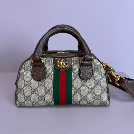 Ophidia small boston bag in beige and brown GG fabric