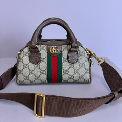 Ophidia small boston bag in beige and brown GG fabric